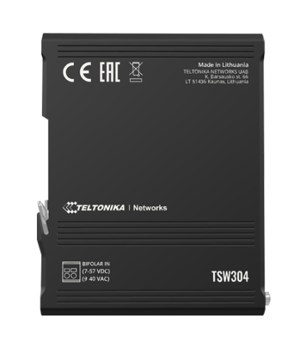 Teltonika TSW304 Industial Ethernet Switch, unmanaged, 4x Gigabit Ethernet, integrated DIN mounting