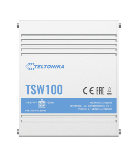 Teltonika TSW100 Industrial Ethernet Switch, unmanaged, 5x Gigabit Ethernet, 4x PoE, DIN rail option
