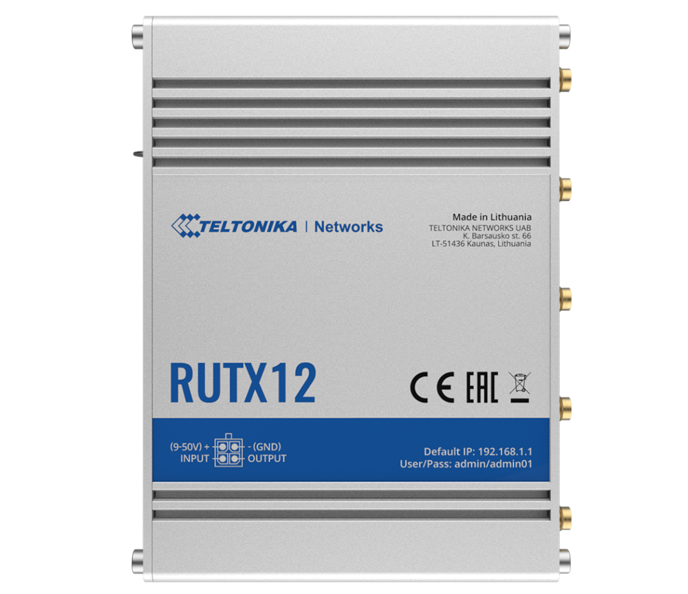 Teltonika RUTX12 Next Generation Industrial Dual-LTE WiFi Router, 2x SIM, Quad Core CPU, 256 MB RAM, 9-50V